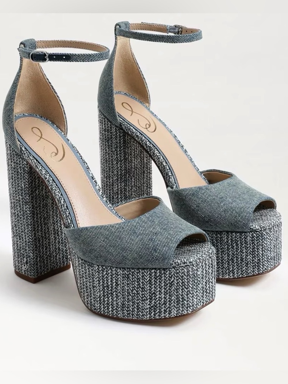 {Sam Edelman} Kori Washed Woven Denim Platform Block Heels